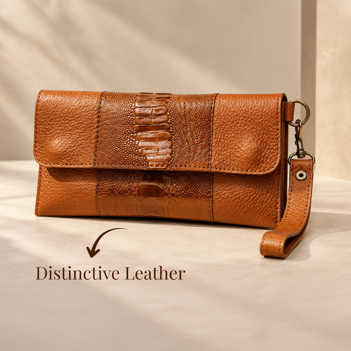Ostrich & Cowhide ladies Leather Clutch Cellphone Bag