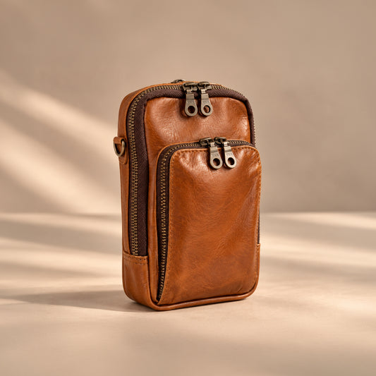 Leather Cellphone Sling Bag - Triple Pocket - Crossbody Shoulder Bag | KKL