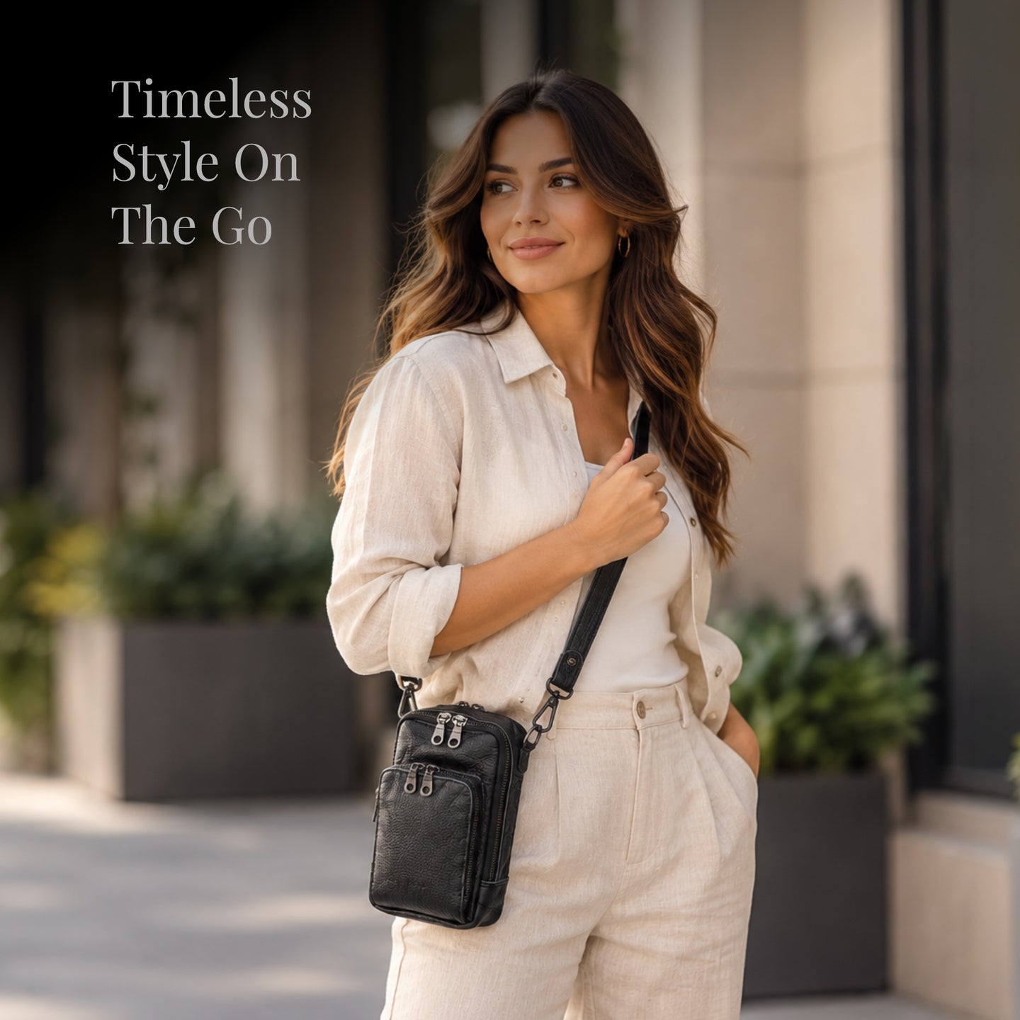 Leather Cellphone Sling Bag - Triple Pocket - Crossbody Shoulder Bag | KKL