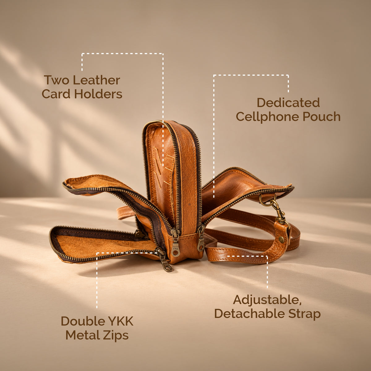 Leather Cellphone Sling Bag - Triple Pocket - Crossbody Shoulder Bag | KKL