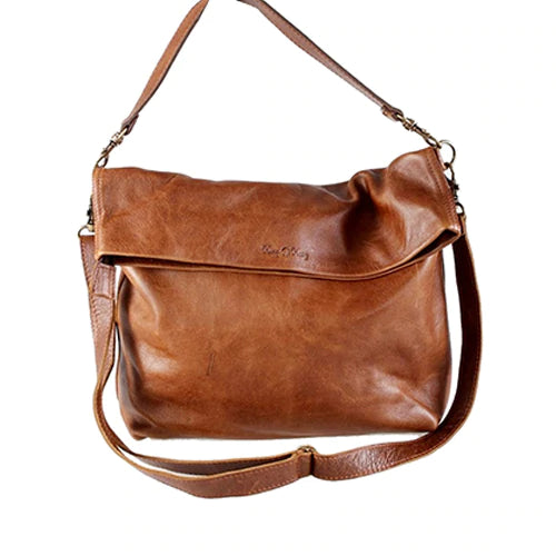 Soft Leather Fold-over Tote Handbag